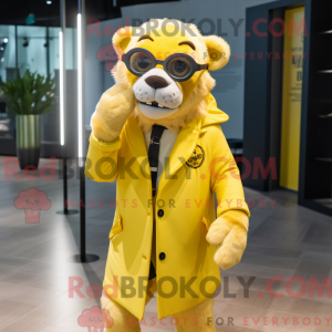 Mascot character of a Lemon Yellow Smilodon dressed with a Coat and Eyeglasses