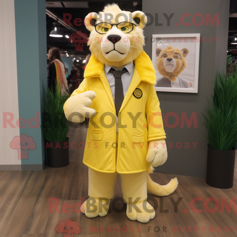Mascot character of a Lemon Yellow Smilodon dressed with a Coat and Eyeglasses