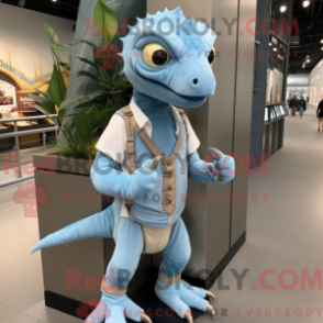 Mascot character of a Sky Blue Dimorphodon dressed with a Chambray Shirt and Bracelet watches
