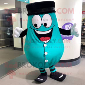 Turquoise Candy Box mascot costume character dressed with a Tuxedo and Shoe laces