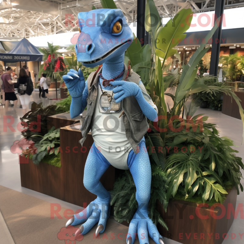 Mascot character of a Sky Blue Dimorphodon dressed with a Chambray Shirt and Bracelet watches