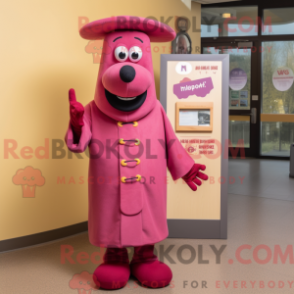 Mascot character of a Magenta Hot Dog dressed with a Coat and Hat pins