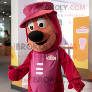 Mascot character of a Magenta Hot Dog dressed with a Coat and Hat pins
