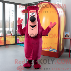 Mascot character of a Magenta Hot Dog dressed with a Coat and Hat pins