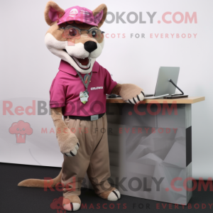 Mascot character of a Magenta Thylacosmilus dressed with a Cargo Pants and Reading glasses