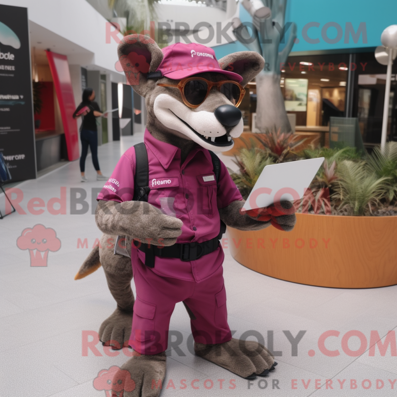 Mascot character of a Magenta Thylacosmilus dressed with a Cargo Pants and Reading glasses