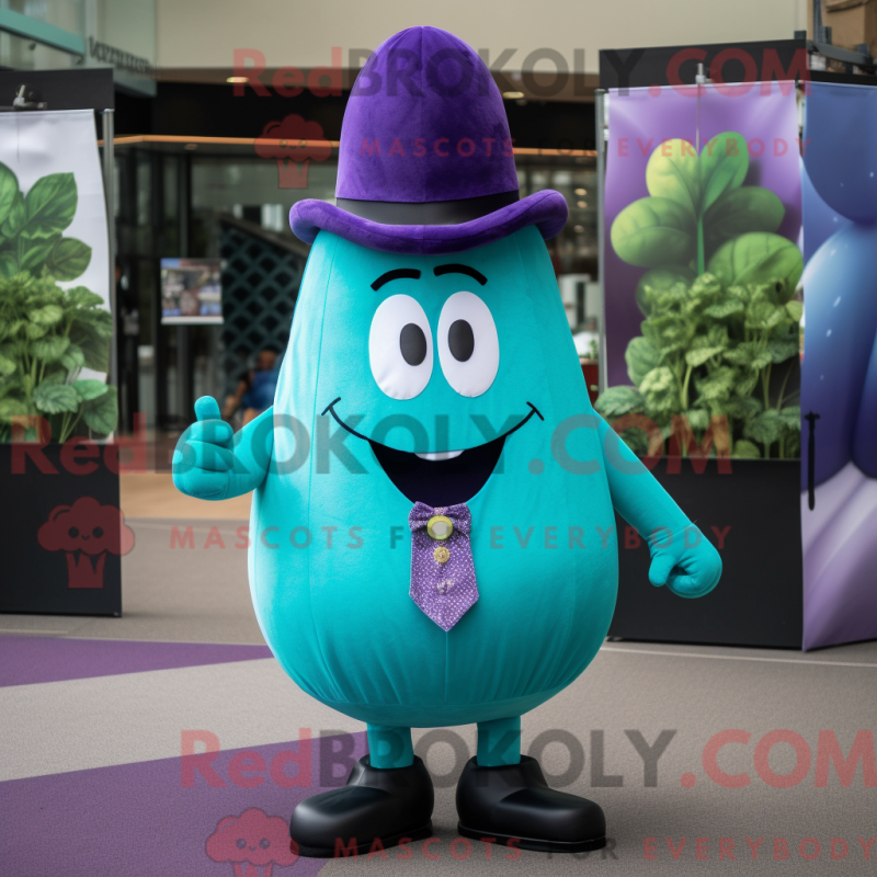 Mascot character of a Turquoise Eggplant dressed with a Oxford Shirt and Tie pins