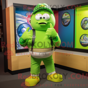 Mascot character of a Lime Green Kiwi dressed with a Sweatshirt and Belts