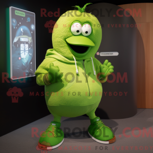 Mascot character of a Lime Green Kiwi dressed with a Sweatshirt and Belts