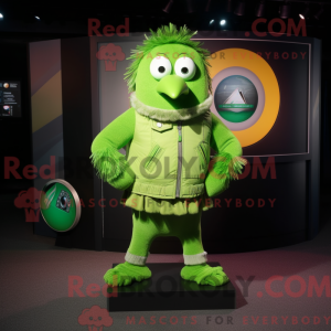 Mascot character of a Lime Green Kiwi dressed with a Sweatshirt and Belts