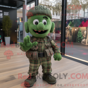 Mascot character of a Green Para Commando dressed with a Flannel Shirt and Cummerbunds