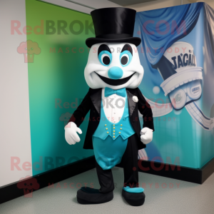 Turquoise Candy Box mascot costume character dressed with a Tuxedo and Shoe laces