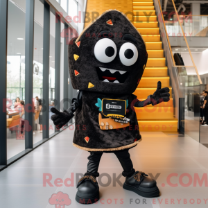 Mascot character of a Black Nachos dressed with a Romper and Shoe laces