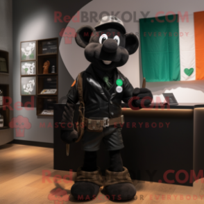 Mascot character of a Black Irish Flag dressed with a Leather Jacket and Briefcases