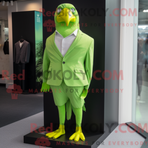 Mascot character of a Lime Green Pigeon dressed with a Suit Jacket and Shoe clips