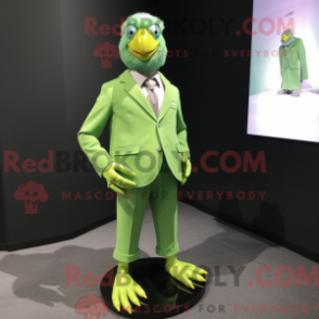 Mascot character of a Lime Green Pigeon dressed with a Suit Jacket and Shoe clips