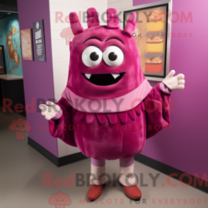 Mascot character of a Magenta Enchiladas dressed with a Sweater and Mittens