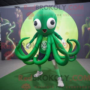 Mascot character of a Forest Green Squid dressed with a Joggers and Rings