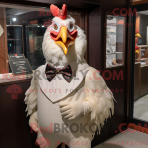 Mascot character of a Cream Rooster dressed with a Dress Shirt and Bow ties