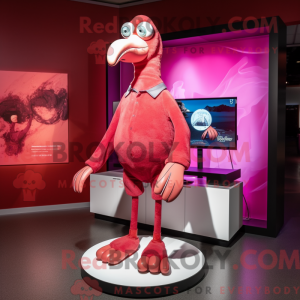 Mascot character of a Maroon Flamingo dressed with a Bodysuit and Shoe laces