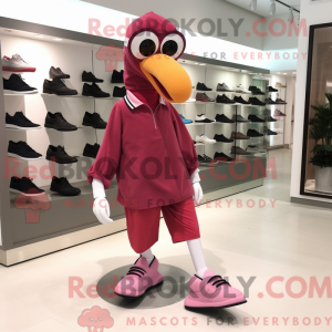 Mascot character of a Maroon Flamingo dressed with a Bodysuit and Shoe laces