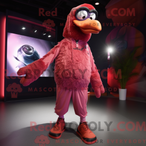 Mascot character of a Maroon Flamingo dressed with a Bodysuit and Shoe laces