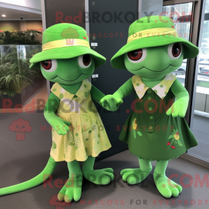 Mascot character of a Green Geckos dressed with a Mini Dress and Berets