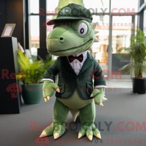 Mascot character of a Olive Stegosaurus dressed with a Blazer and Berets