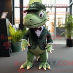 Mascot character of a Olive Stegosaurus dressed with a Blazer and Berets