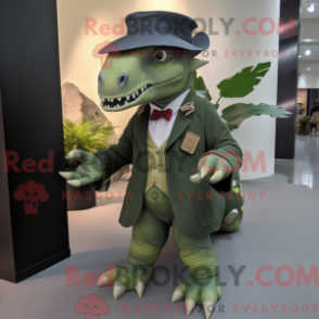 Mascot character of a Olive Stegosaurus dressed with a Blazer and Berets