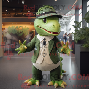 Mascot character of a Olive Stegosaurus dressed with a Blazer and Berets