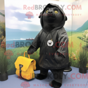 Mascot character of a Black Seal dressed with a Raincoat and Messenger bags
