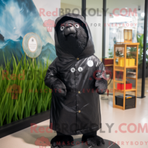 Mascot character of a Black Seal dressed with a Raincoat and Messenger bags
