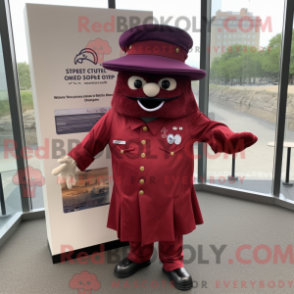 Mascot character of a Maroon Fish Tacos dressed with a Dress Pants and Berets