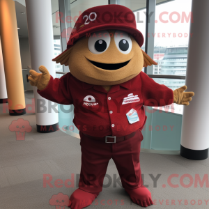 Mascot character of a Maroon Fish Tacos dressed with a Dress Pants and Berets