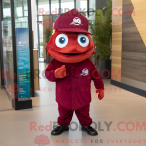Mascot character of a Maroon Fish Tacos dressed with a Dress Pants and Berets