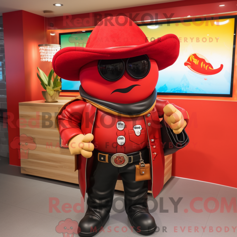 Mascot character of a Red Fajitas dressed with a Leather Jacket and Handbags