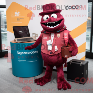 Mascot character of a Maroon Ceviche dressed with a Coat and Wallets