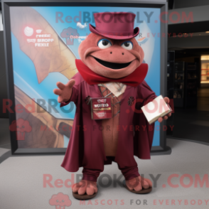 Mascot character of a Maroon Ceviche dressed with a Coat and Wallets