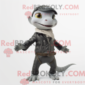 Mascot character of a Gray Geckos dressed with a Biker Jacket and Ties
