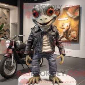 Mascot character of a Gray Geckos dressed with a Biker Jacket and Ties