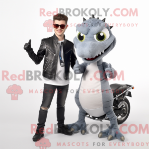 Mascot character of a Gray Geckos dressed with a Biker Jacket and Ties