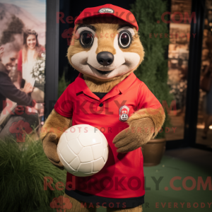 Mascot character of a Red Meerkat dressed with a Rugby Shirt and Berets