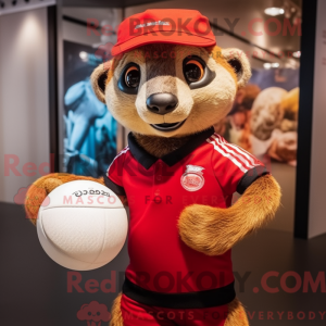 Mascot character of a Red Meerkat dressed with a Rugby Shirt and Berets
