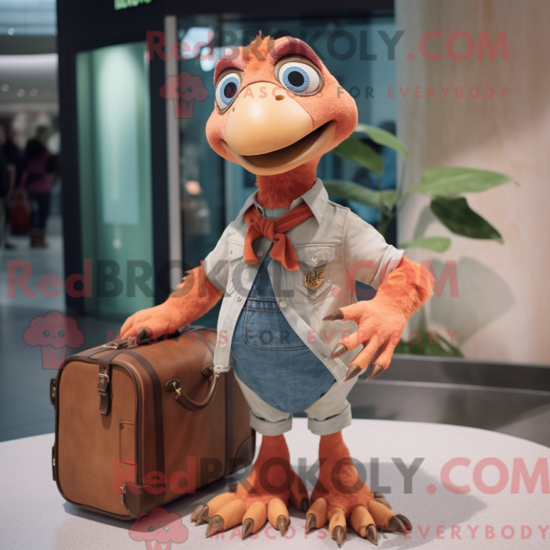 Mascot character of a Peach Utahraptor dressed with a Boyfriend Jeans and Briefcases