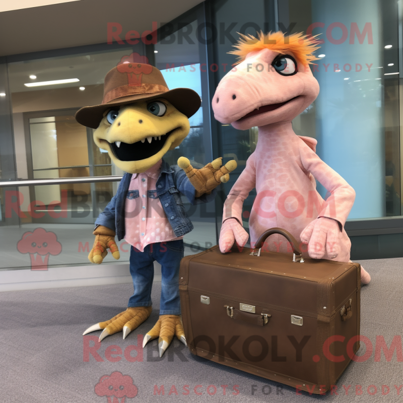 Mascot character of a Peach Utahraptor dressed with a Boyfriend Jeans and Briefcases