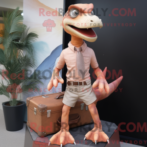 Mascot character of a Peach Utahraptor dressed with a Boyfriend Jeans and Briefcases