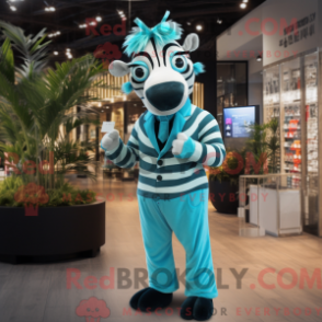 Mascot character of a Cyan Zebra dressed with a Romper and Tie pins