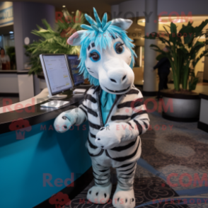 Mascot character of a Cyan Zebra dressed with a Romper and Tie pins