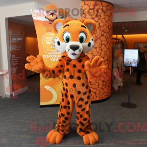 Mascot character of a Orange Cheetah dressed with a Sheath Dress and Mittens